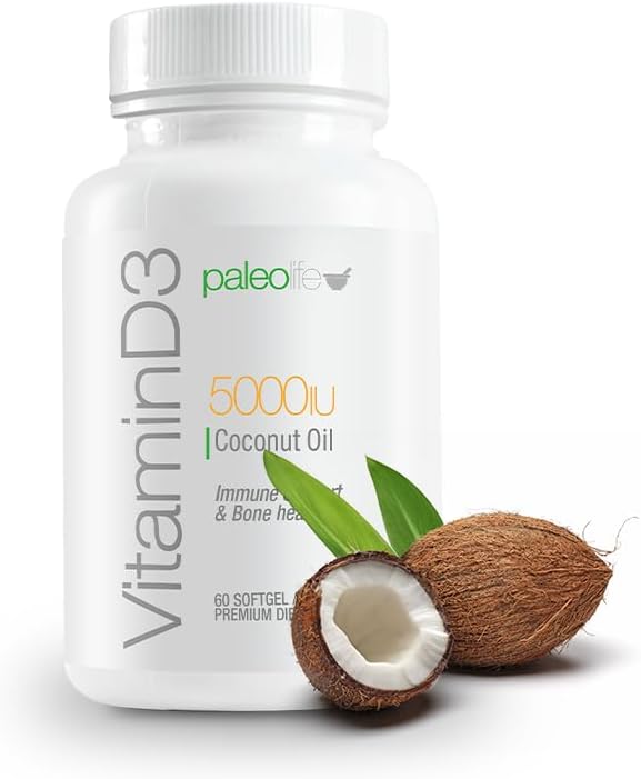 Premium Vitamin D3 5000 IU- New Formula: Paleo Life Vitamin D3 5000iu Premium High Potency with Coconut Oil - 60 Capsules. (2-Pack)