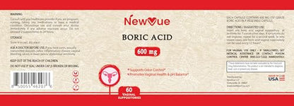 NewVue Boric Acid Vaginal Suppositories (600mg, 60 Count) Supports Vaginal pH Balance, Odor Control (USP Medical Grade Fine Powder, Easy Dissolve, Third Party Tested, Made in USA)