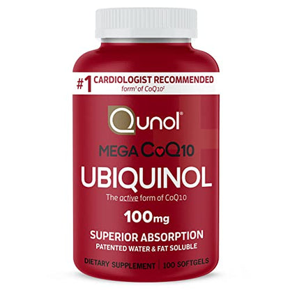 Qunol Mega Ubiquinol 100mg CoQ10, Superior Absorption, Patented Water and Fat Soluble 