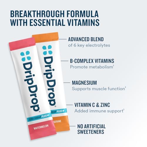 DripDrop Hydration Zero Sugar Plus Electrolyte Packets, Bundle, 32 Ct | Raspberry Lemonade, Watermelon, Tangerine, Tropical Punch, Strawberry Kiwi, Peach, Cherry Limeade, Wild Berry; Sugar Free