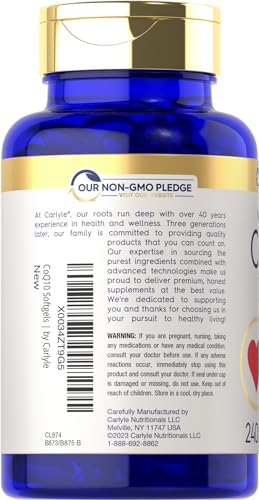 Carlyle CoQ10 100mg | 240 Softgels | Mega Q-Sorb Coenzyme Q-10 | with Black Pepper