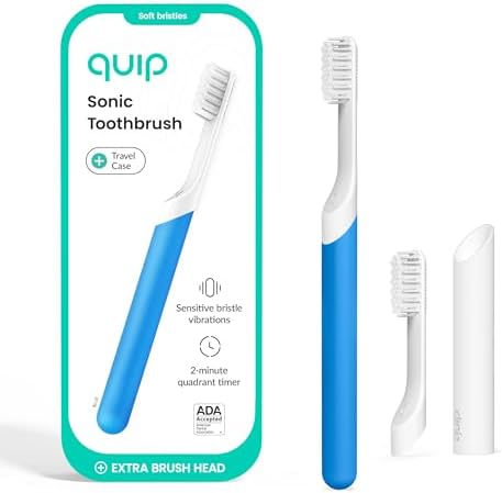 Quip Sonic Toothbrush for Adults with Replacement Heads 3 Pack Product Bundle - Includes Travel Cover Mount - Electric, Soft, Plastic Handle, 3 Month Battery Life - Blue