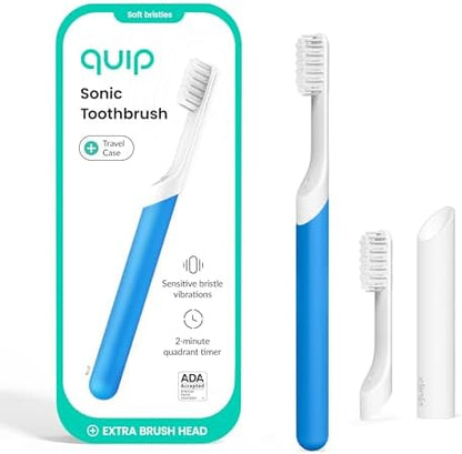 Quip Sonic Toothbrush for Adults with Replacement Heads 3 Pack Product Bundle - Includes Travel Cover Mount - Electric, Soft, Plastic Handle, 3 Month Battery Life - Blue