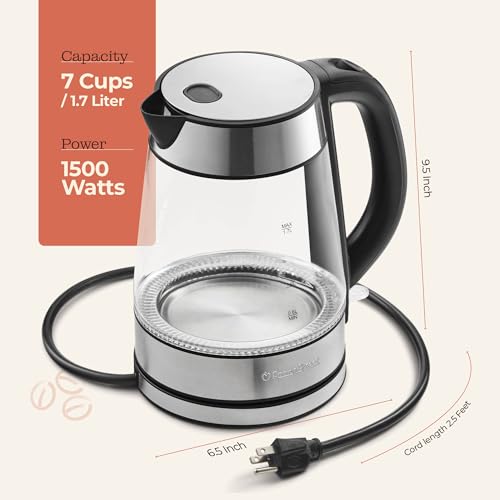 Speed-Boil Electric Kettle For Coffee & Tea - 1.7L Water Boiler 1500W, Borosilicate Glass