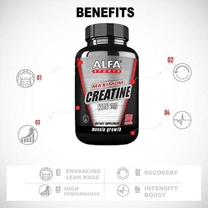 ALFA VITAMINS Maximum Creatine Monohydrate 1200 Mg 100 Capsules. Muscle Mass - Muscle Growth - Post Workout Recovery. Reduces Effects of Lactic Acid