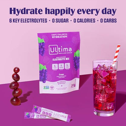 Ultima Replenisher Daily Electrolyte Drink Mix – Grape, 20 Stickpacks – Hydration Packets
