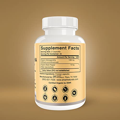 Smart Naturals Organic Ashwagandha with Black Pepper Herbal Supplements, Relieves