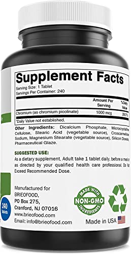 Brieofood Chromium Picolinate 1000 mcg Pills - 240 Tablets - 240 Servings - Non-GMO
