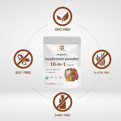 Organic Mushroom Powder Supplement, 12oz – 10 in 1 Active Blend – Turkey Tail, Lions Mane