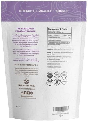 Nature Restore USDA Certified Organic Dried Lavender Flowers, Loose Leaf, Extra Grade, 4 Ounces