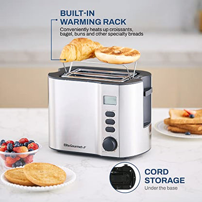 Elite Gourmet ECT2145 Extra Wide Slot 2-Slice Toaster, Bagel Function Reheat, Defrost