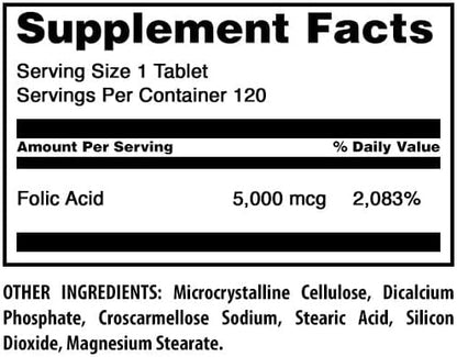 Amazing Formulas Folic Acid 5000 Mcg per Serving | Tablets Supplement | Non-GMO | Gluten-Free | Made in USA (1 Pack | 120 Count)