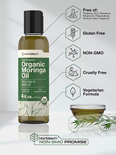 Organic Moringa Oil | 4 fl oz | for Face, Hair, and Skin | 100% Therapeutic Grade | Paraben