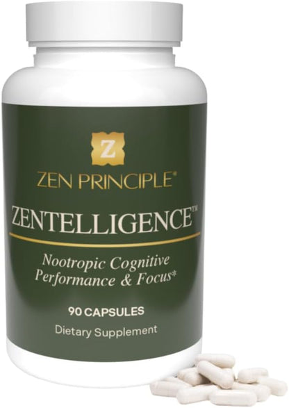 Zen Principle Zentelligence™ Focus Nootropic Supplement for Students & Professionals | Energy, Memory & Stress Support | Jitter-Free Formula with L-Theanine, Ginkgo Biloba, Huperzine A. 90 Capsules