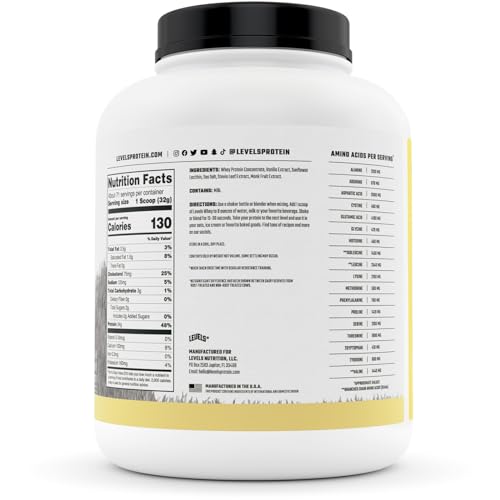 Levels Grass Fed 100% Whey Protein, No Hormones, Vanilla Bean, 5LB