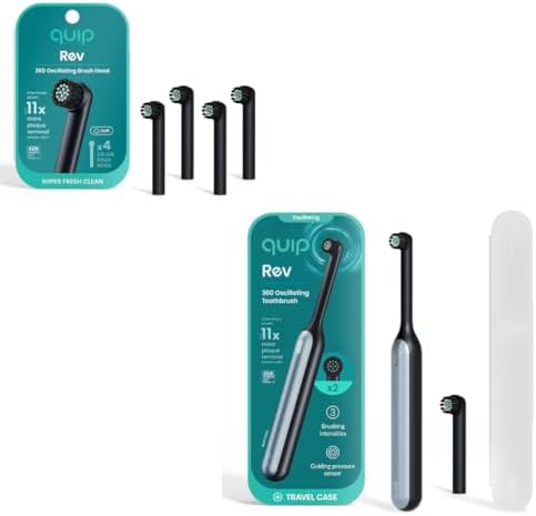 Quip Rev Oscillating Rechargeable Electric Toothbrush with Toothbrush Heads 4 Pack Product Bundle - Soft Bristles, Pressure Sensor, Compact - Blue Stone