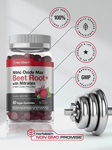 Nitric Oxide Beet Root Gummies | 60 Count | with Nitrates | Natural Strawberry Flavor