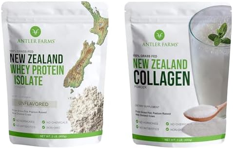 Antler Farms NZ Whey Protein Isolate & Collagen Powder Bundle | Grass Fed Whey Protein Powder and Hydrolyzed Collagen Peptides Bundle, Cold Processed, Pure and Clean, 2 lbs