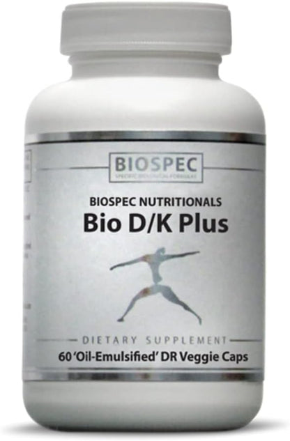BIOSPEC NUTRITIONALS Bio D/K Plus - Vitamin D3 + K2 with 5000 IU of D3 and 200 mcg of Vitamin K2 (MK-7) in a lipsomal Base for Enhanced Absorption (60 Capsules)