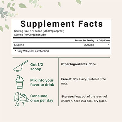 Pure L Serine Powder, 500 Grams (250 Day Supply), Filler Free, Supports Production