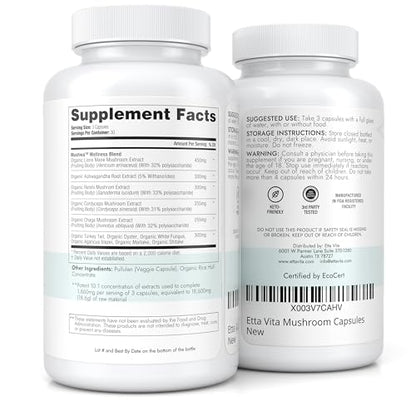 USDA Organic Lions Mane Supplement Capsules with Ashwagandha, Chaga, Reishi, Cordyceps