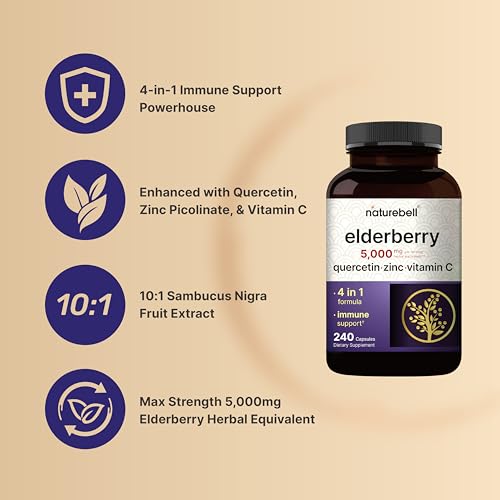 NatureBell Sambucus Elderberry Capsules, 5000mg Per Serving with Quercetin 500mg