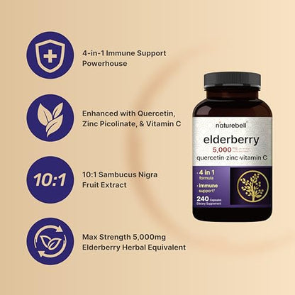NatureBell Sambucus Elderberry Capsules, 5000mg Per Serving with Quercetin 500mg