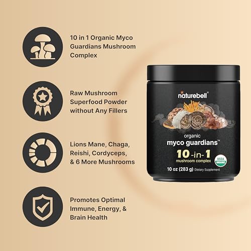 NatureBell Organic Myco Guardians 10 in 1 Mushroom Powder, 10oz | Fresh Superfood