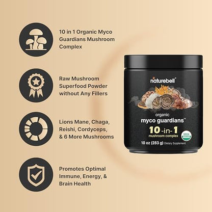 NatureBell Organic Myco Guardians 10 in 1 Mushroom Powder, 10oz | Fresh Superfood