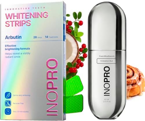 InoPro Teeth Whitening Strips 14 Treatments Kit + Foam Mouthwash with Nano-Hydroxyapatite, Xylitol, Hyaluronic Acid, Vinamin C - Cinnamon Bun