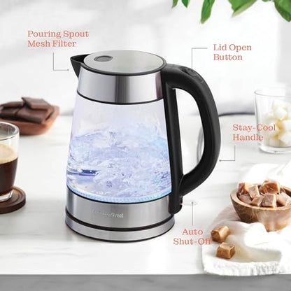 Speed-Boil Electric Kettle For Coffee & Tea - 1.7L Water Boiler 1500W, Borosilicate Glass