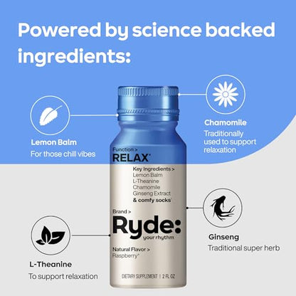 RYDE Bundle, Relax + Focus Shots, L-Theanine, Ginseng, Chamomile and Caffeine, Zero Calories, Zero Sugar, Pack of 16