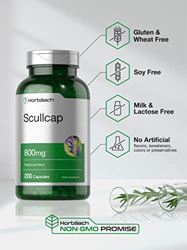 Scullcap Capsules | 800 mg | 200 Count | Max Potency, Value Size | Non-GMO and Gluten