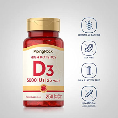 Piping Rock Vitamin D3 5000 IU | 250 Softgels | High Potency Supplement | Non-GMO
