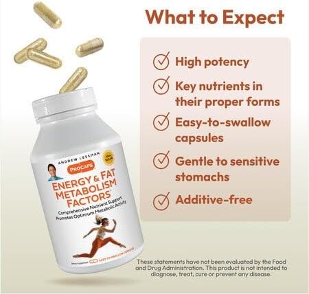 ANDREW LESSMAN Energy and Fat Metabolism Factors 60 Capsules - Promotes Optimum Fat Burning and Energy Metabolism, with Carnitine, Green Tea, Guarana, Ginseng, B-Complex. Easy to Swallow Capsules