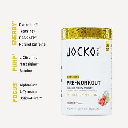 Jocko Fuel Preworkout Pro Series, Sour Gummy, Elite Performance Energy, Focus, Pump Formula, 300mg Natural Caffeine, L-Citrulline, Alpha GPC, L-Tyrosine, Peak ATP, High Intensity Training, 20 Servings