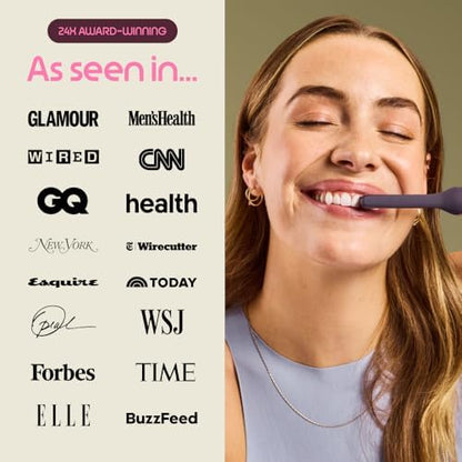 Quip Rev Oscillating Rechargeable Electric Toothbrush with Toothbrush Heads 4 Pack Product Bundle - Soft Bristles, Pressure Sensor, Compact - Blue Stone