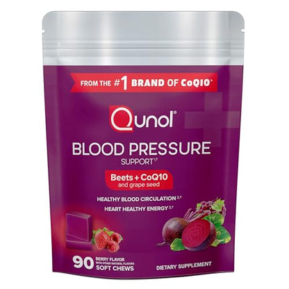 Qunol Beets Chews for Blood Pressure Support, 3 in 1 Beets + CoQ10 + Grape Seed Extract