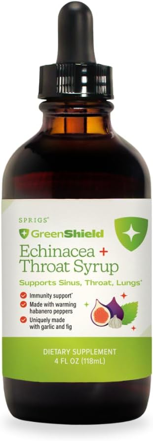 SPRIGS Echinacea + Throat Syrup | Herbal Immune Support Formula for Sinus Throat and Lungs, Natural Throat Syrup for Adults and Kids | Sore Throat Comfort with Garlic Fig and Peppermint Oil - 4oz