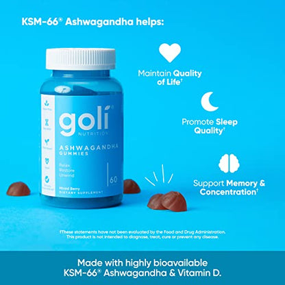 Goli Ashwagandha & Vitamin D Gummy - 60 Count - Mixed Berry, KSM-66, Vegan