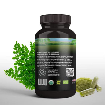 Supreme Herbals, 100% Raw and Pure Moringa Leaf Powder Capsules. Organic Certified