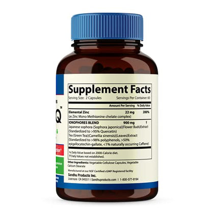 Sandhu's BioZnq 900mg Vegetarian Capsules Zinc Supplement with Quercetin