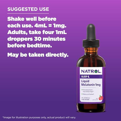 Natrol Liquid Melatonin 1mg, Berry-Flavored Dietary Supplement for Restful Sleep, 2 Fl Oz