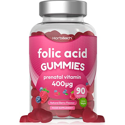 Folic Acid Gummies 400 mcg | 90 Count | Natural Berry Flavour | High Strength Prenatal 