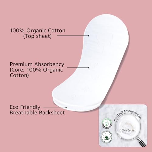 Livlit Ultra Thin Panty Liners Sanitary Pads, 100% Certified Organic Cotton from Texas, Light Absorbency