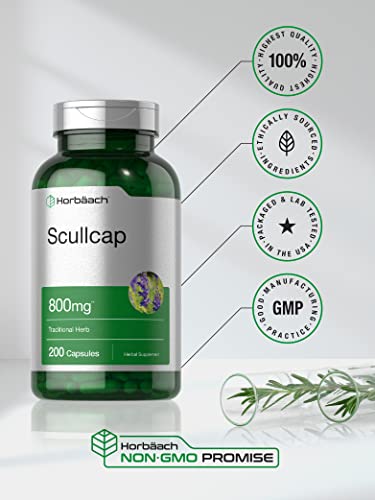 Scullcap Capsules | 800 mg | 200 Count | Max Potency, Value Size | Non-GMO and Gluten