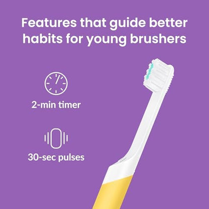 Quip Sonic Toothbrush for Kids with Replacement Heads 3 Pack Product Bundle - Includes Travel Cover Mount - Soft Bristles, Compact and Flexible - Yellow