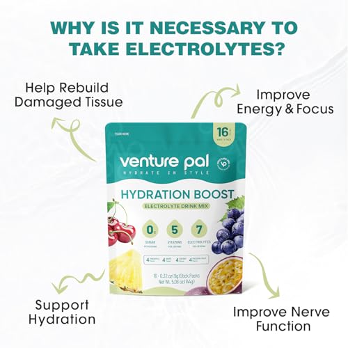Venture Pal Electrolyte Powder Combo Pack – Sugar-Free Daily Hydration & High Sodium Recovery Drink Mix | 5 Vitamins, 7 Electrolytes, Zero Calories | Keto, Vegan, Paleo Friendly | 32 Sticks Total