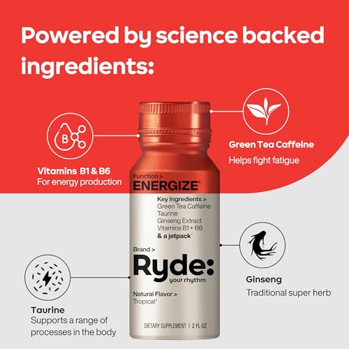 RYDE Shots Energize + Focus, Essential B Vitamins and Caffeine, Zero Calories, Zero Sugar, Pack of 16