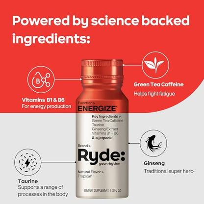 RYDE Shots Energize + Focus, Essential B Vitamins and Caffeine, Zero Calories, Zero Sugar, Pack of 16